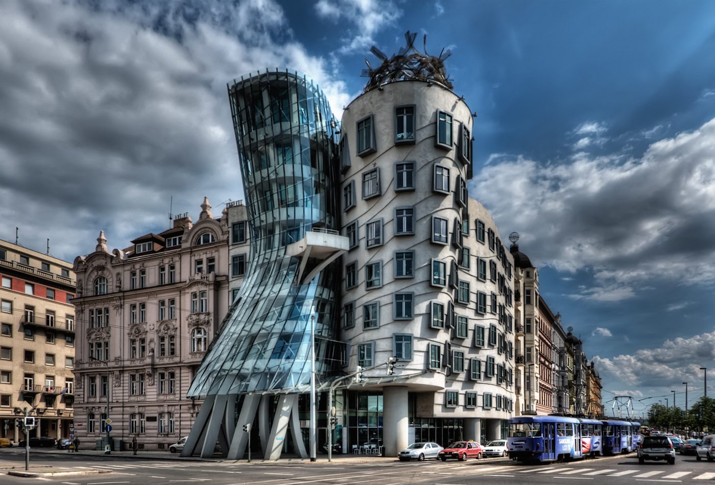 Dancing House on a Prague corner with its leaning glass tower.